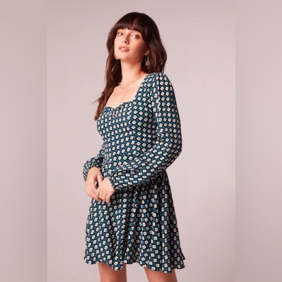 NWT Band Of The Free GENEVIEVE TEAL DIAMOND LONG SLEEVE MINI DRESS Smocked Back - Picture 2 of 5
